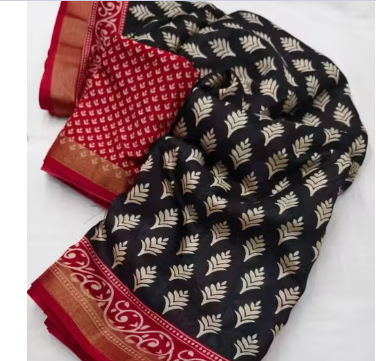 Zari Pattu Woven Border black Ajrakh Dola silk Saree with contrast Blouse