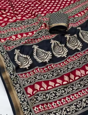 Zari Pattu Woven Border Ajrakh Dola silk Saree with Blouse
