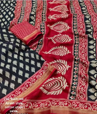 Zari Pattu Woven Border black Ajrakh Dola silk Saree with contrast Blouse
