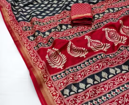 Zari Pattu Woven Border black Ajrakh Dola silk Saree with contrast Blouse