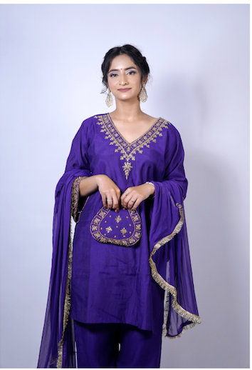 Royal Purple Embroidered Kurta Set with Dupatta & Potli (3 Pc Set)