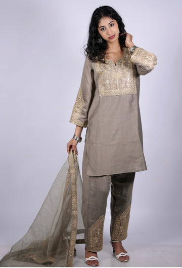 Gold Zari Embroidered Roman Silk Suit Set