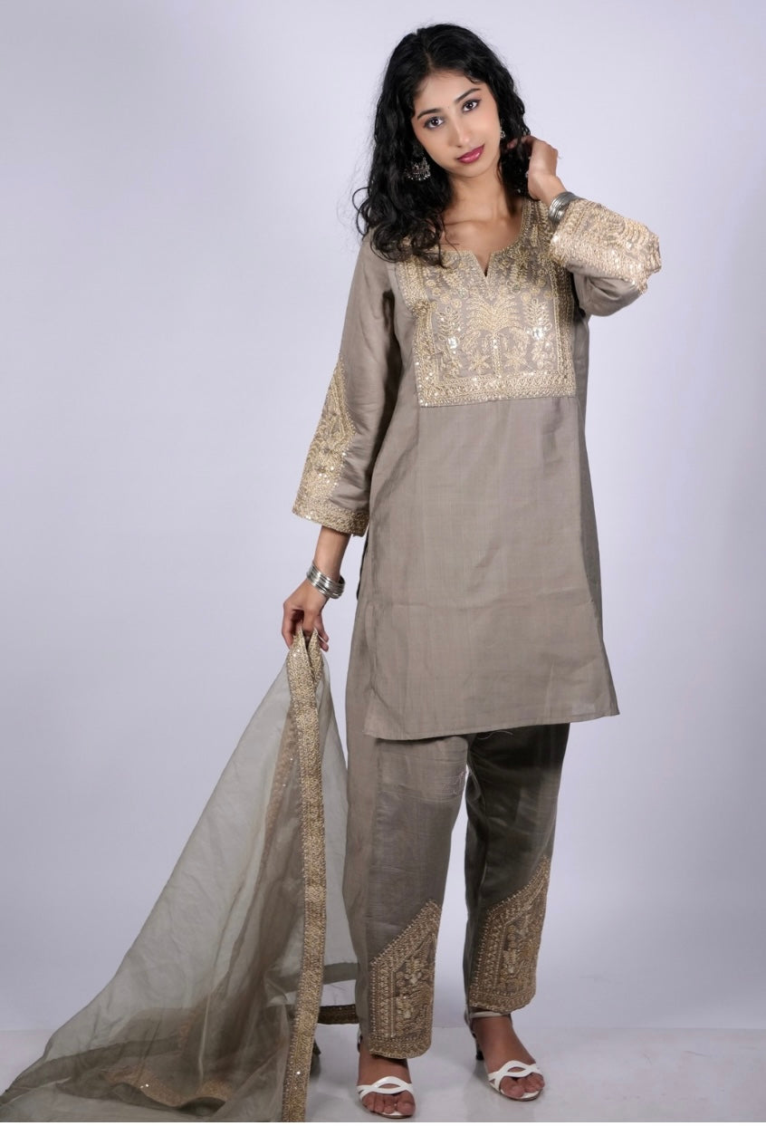 Gold Zari Embroidered Roman Silk Suit Set