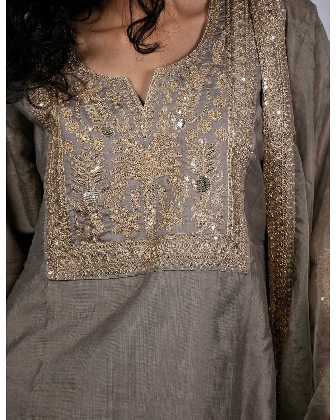 Gold Zari Embroidered Roman Silk Suit Set
