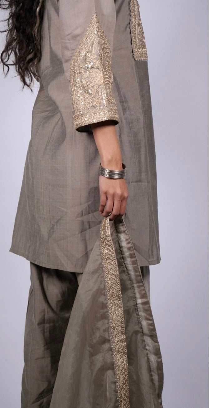 Gold Zari Embroidered Roman Silk Suit Set