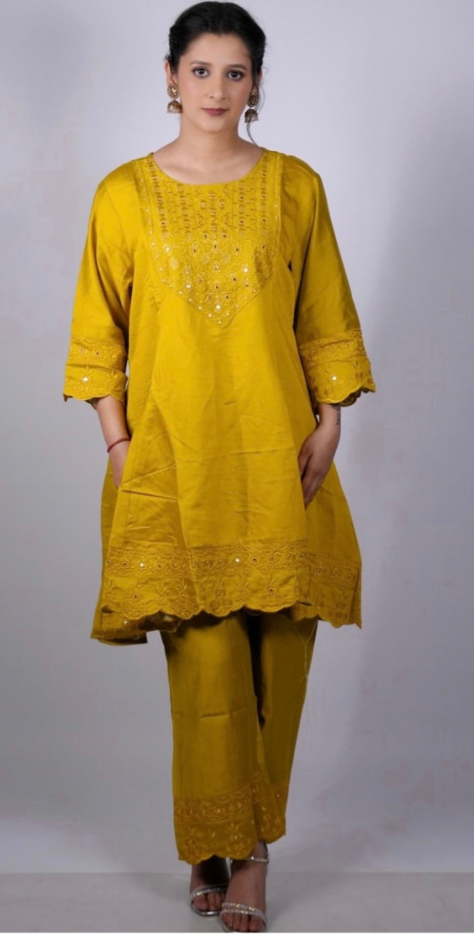 Mustard Yellow Embroidered Kurta & Pant Set