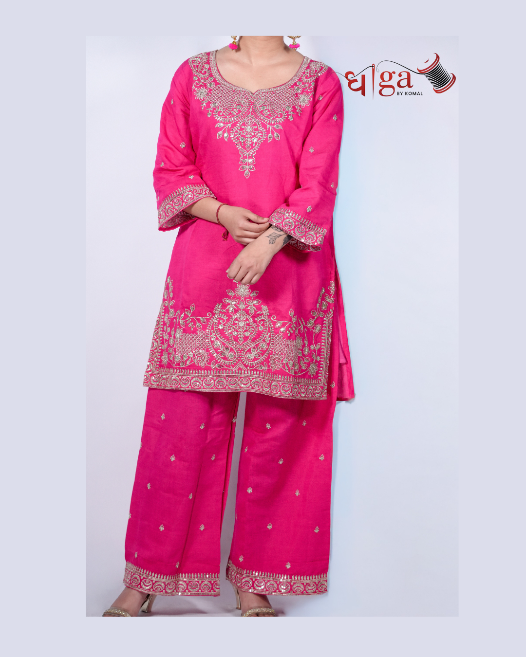 Rani Pink Embroidered Roman Silk Kurta Pant Set with Dupatta