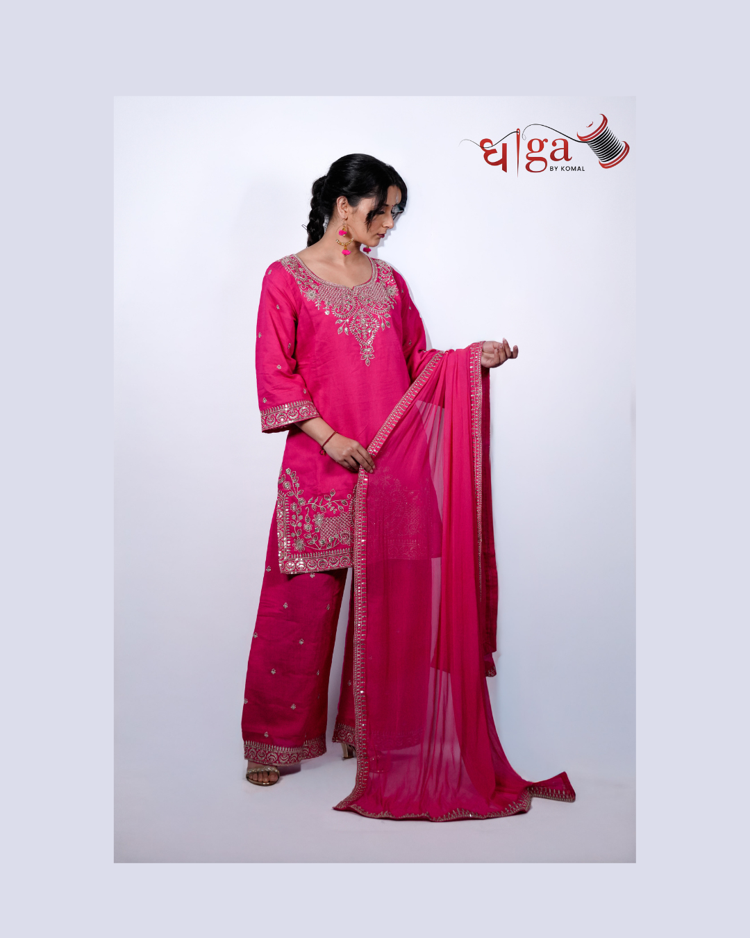 Rani Pink Embroidered Roman Silk Kurta Pant Set with Dupatta