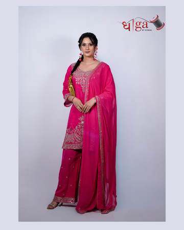 Rani Pink Embroidered Roman Silk Kurta Pant Set with Dupatta