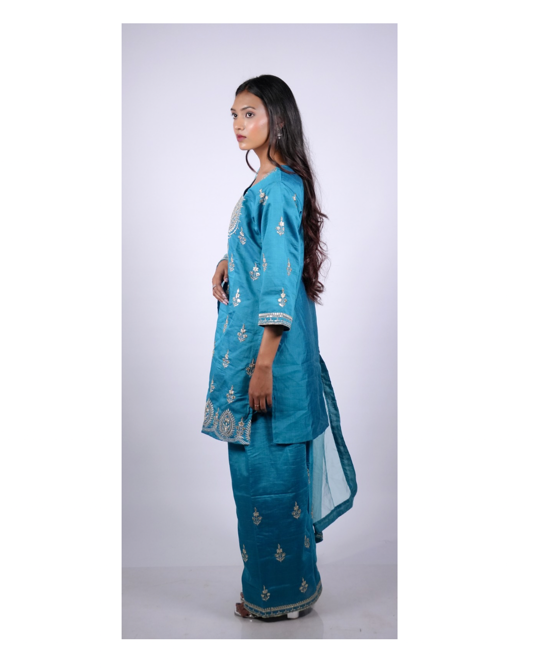 Teal Zari Embroidered Roman Silk 3-Piece Suit Set