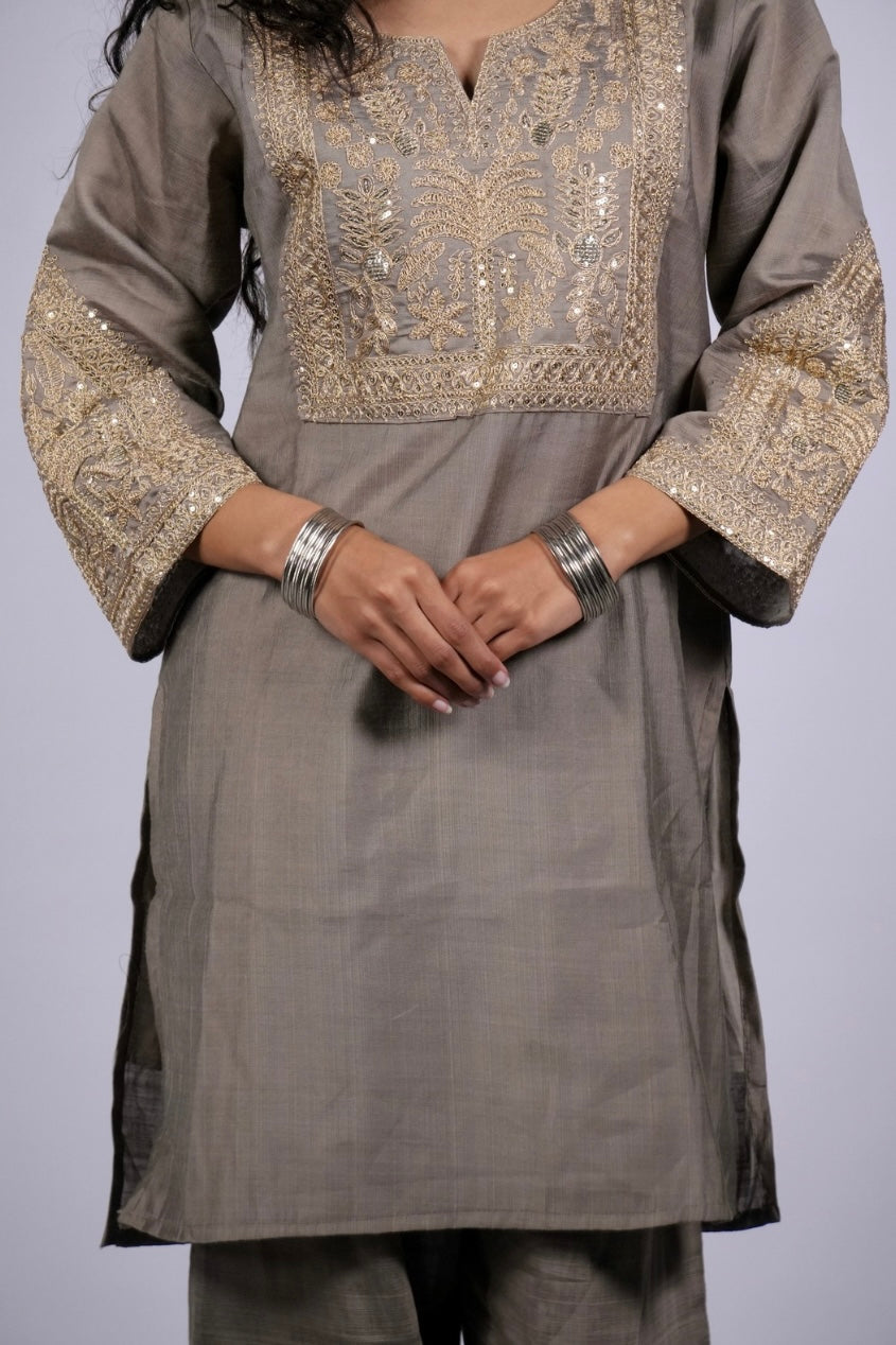 Gold Zari Embroidered Roman Silk Suit Set