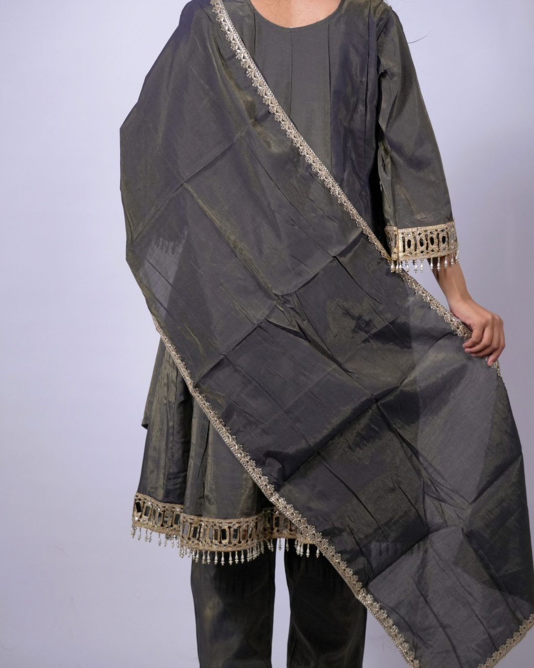 Midnight Grey Mirror Work Kurta Set with Dupatta