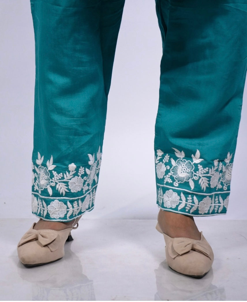 Elegant Bluish Teal Cotton Coord Set with White Thread Work