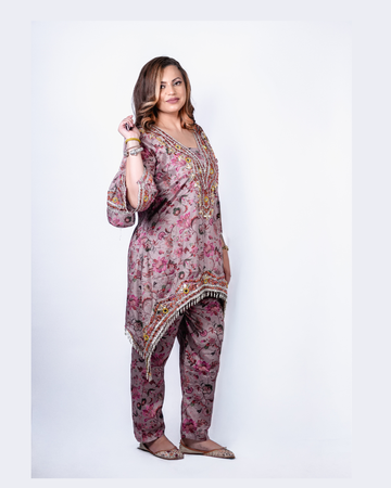 Floral Mirror work Asymmetrical Co-ord Set