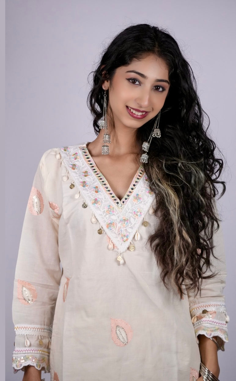 Elegant Ivory Cotton Co-Ord Set with Pastel Embroidery and coin detailing