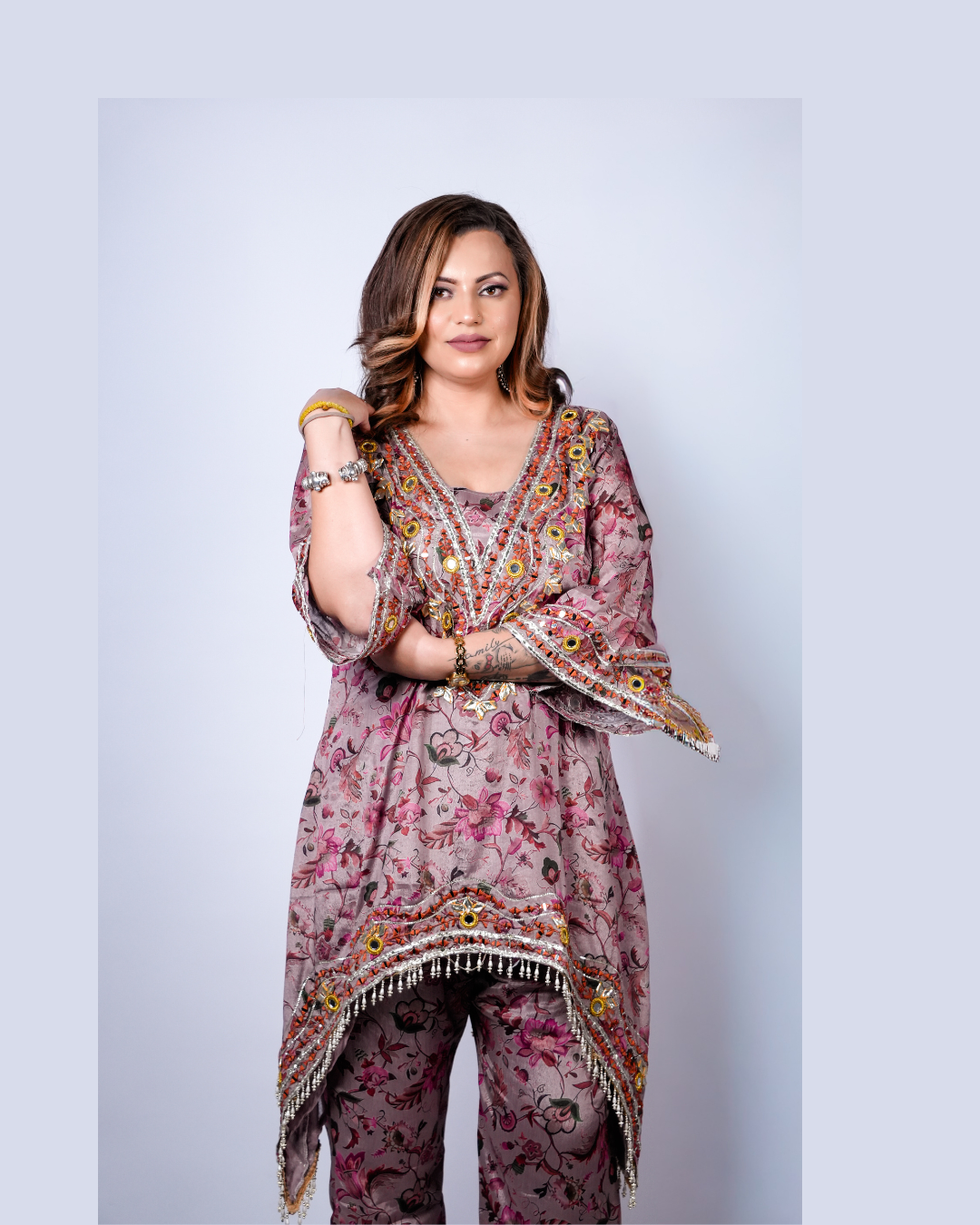Floral Mirror work Asymmetrical Co-ord Set
