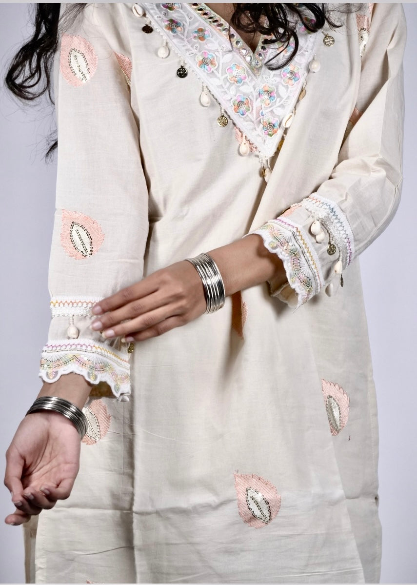 Elegant Ivory Cotton Co-Ord Set with Pastel Embroidery and coin detailing