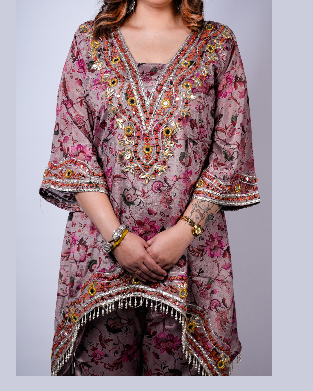 Floral Mirror work Asymmetrical Co-ord Set