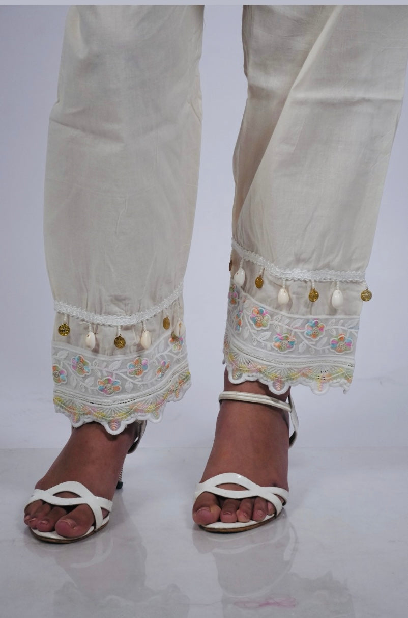 Elegant Ivory Cotton Co-Ord Set with Pastel Embroidery and coin detailing