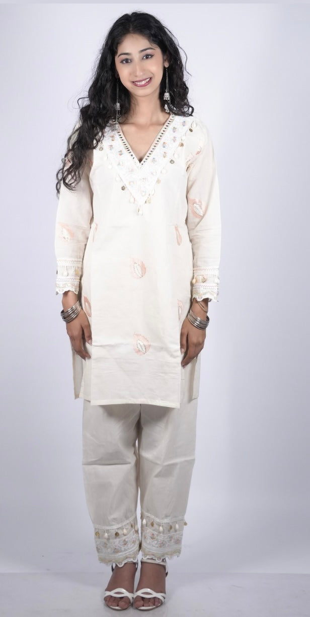 Elegant Ivory Cotton Co-Ord Set with Pastel Embroidery and coin detailing