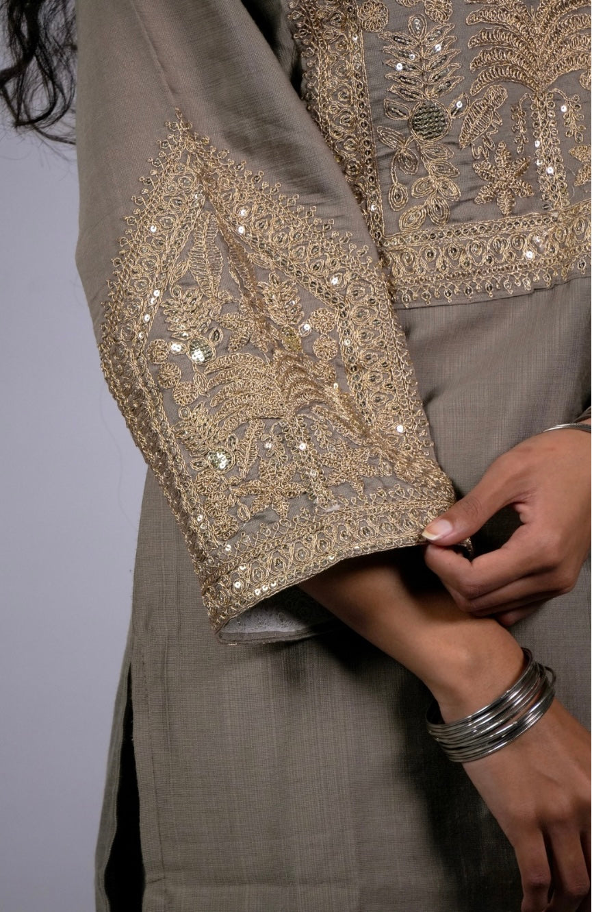Gold Zari Embroidered Roman Silk Suit Set