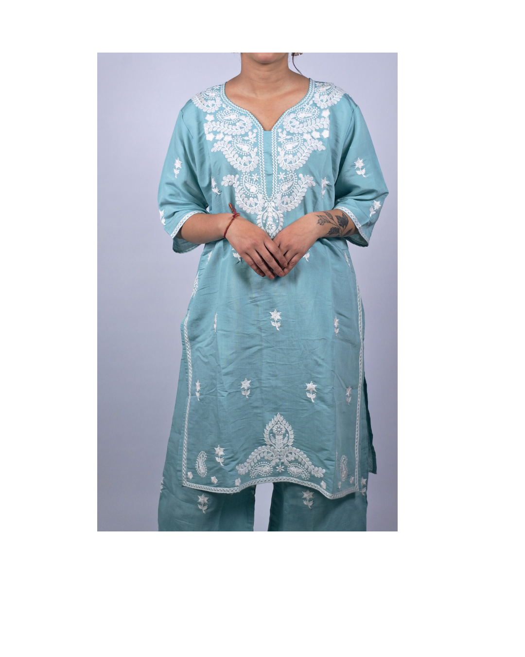 Aqua Blue Embroidered Cotton Co-Ord Set