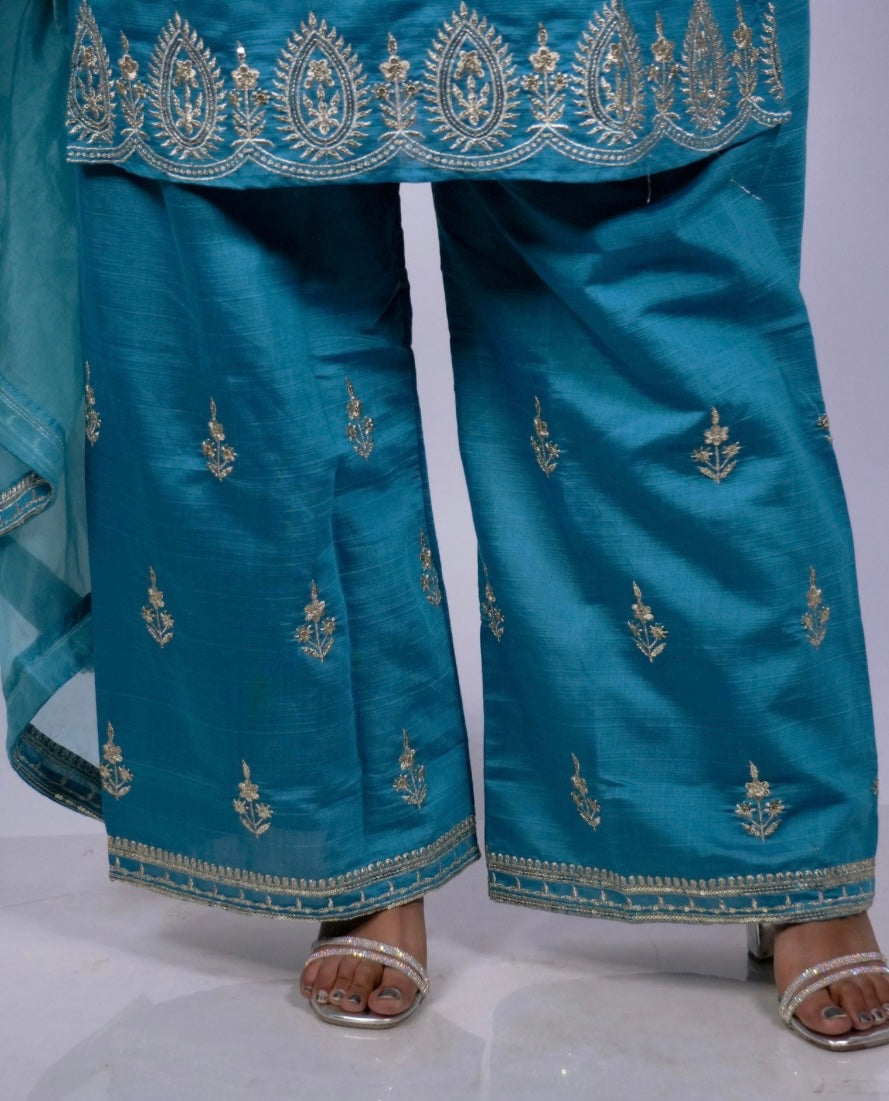 Teal Zari Embroidered Roman Silk 3-Piece Suit Set