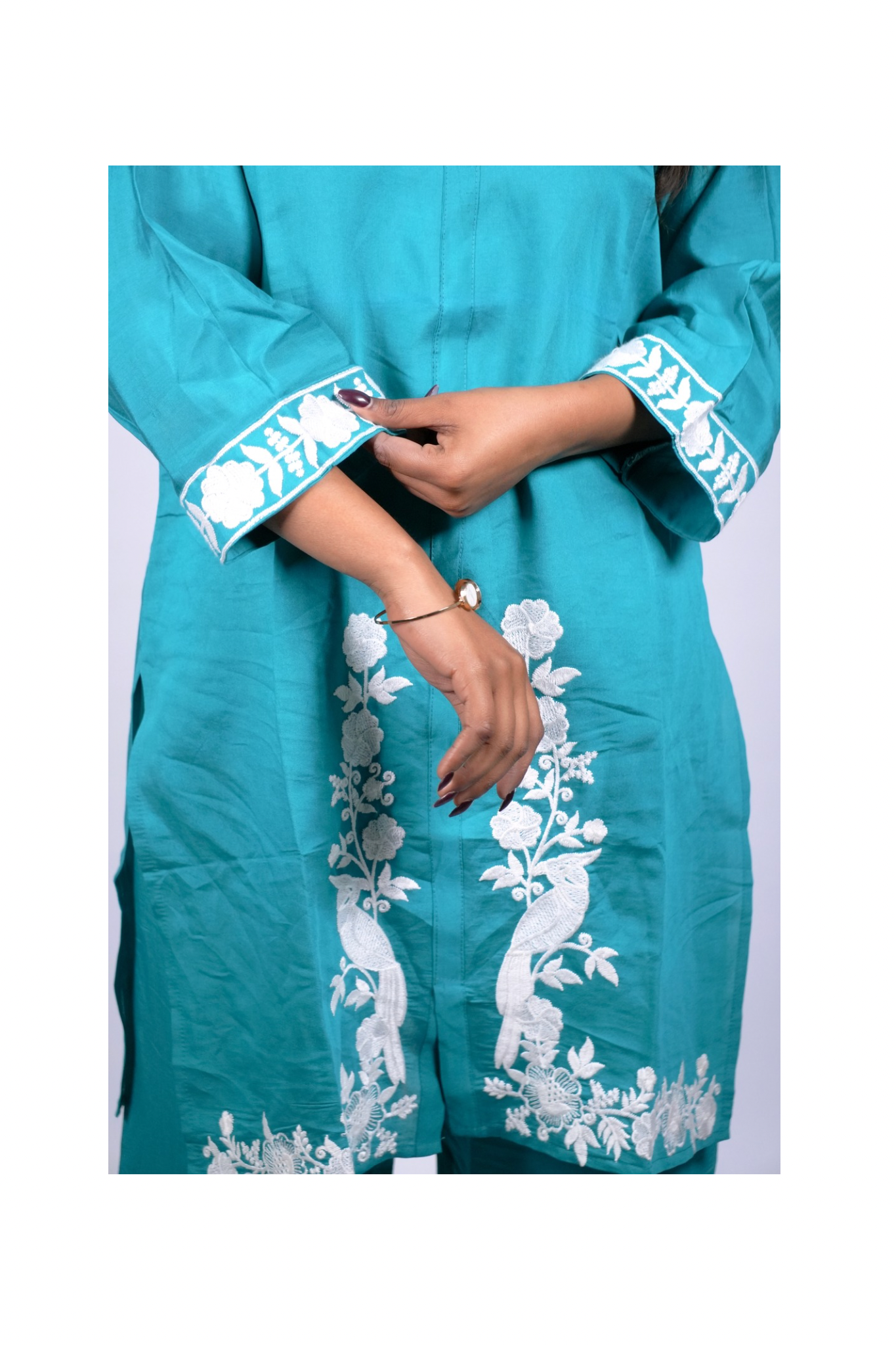 Elegant Bluish Teal Cotton Coord Set with White Thread Work