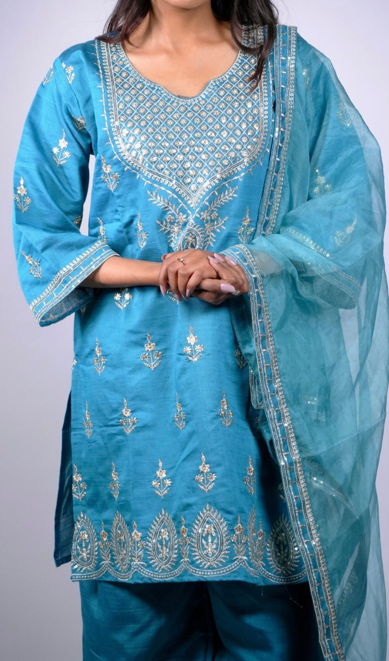 Teal Zari Embroidered Roman Silk 3-Piece Suit Set