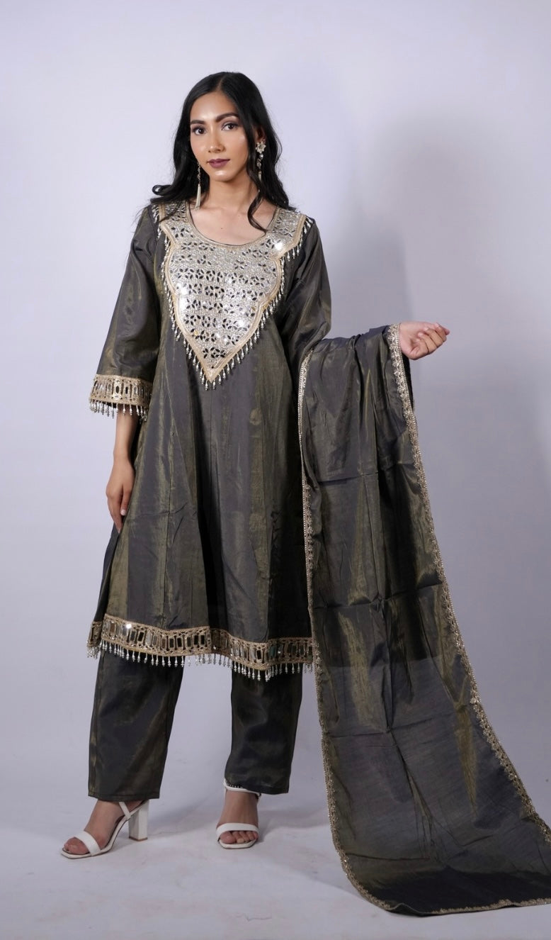 Midnight Grey Mirror Work Kurta Set with Dupatta