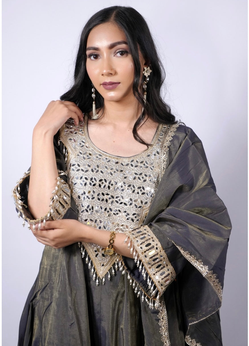 Midnight Grey Mirror Work Kurta Set with Dupatta