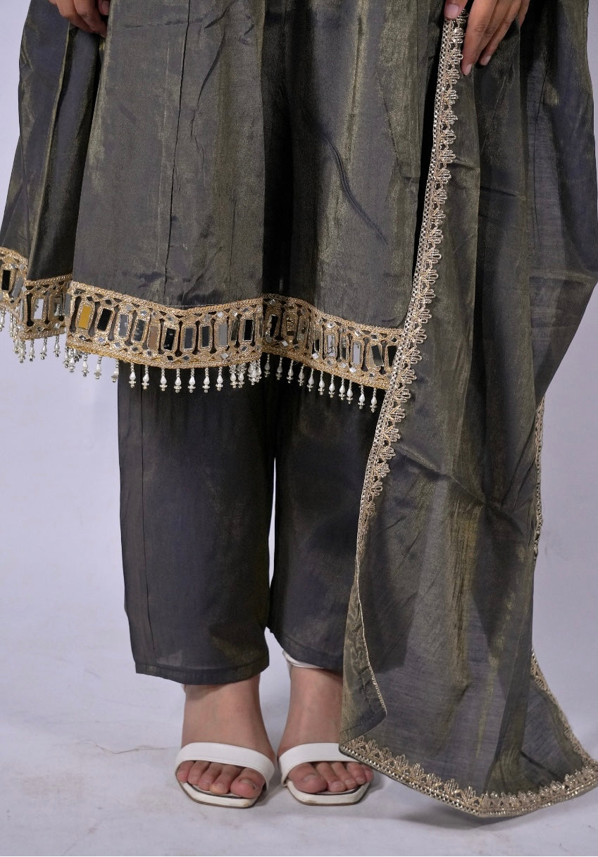 Midnight Grey Mirror Work Kurta Set with Dupatta