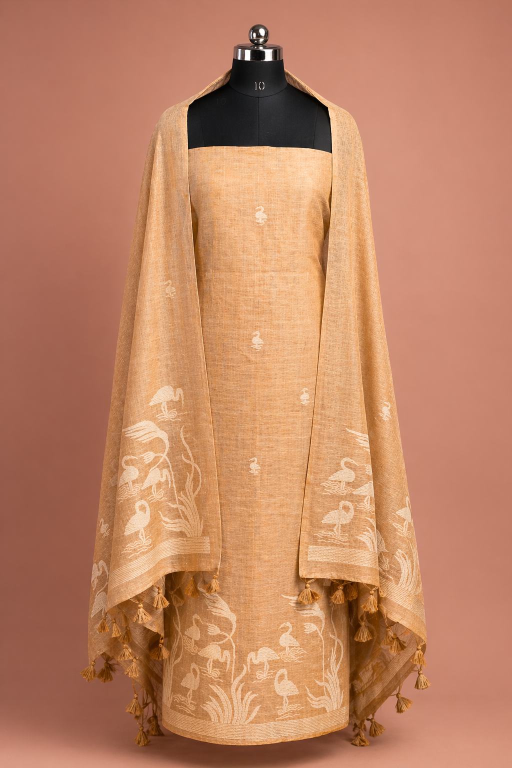 Peach Bird Motif Cotton Suit Set with Printed Dupatta