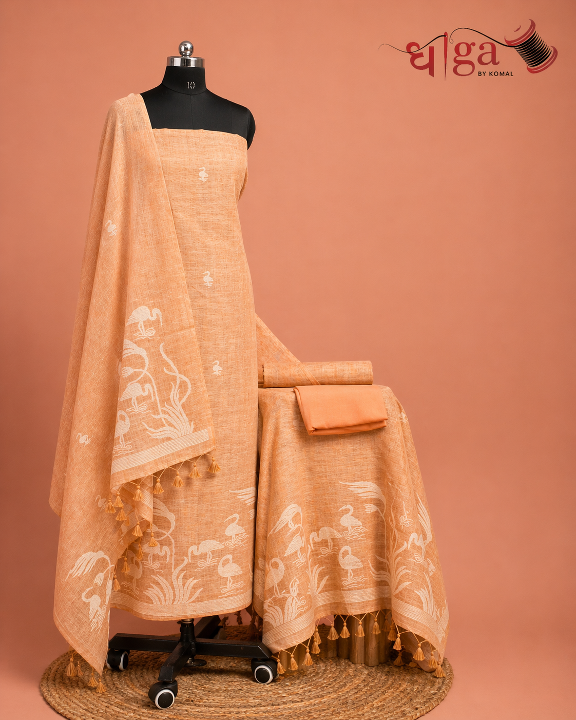 Peach Bird Motif Cotton Suit Set with Printed Dupatta
